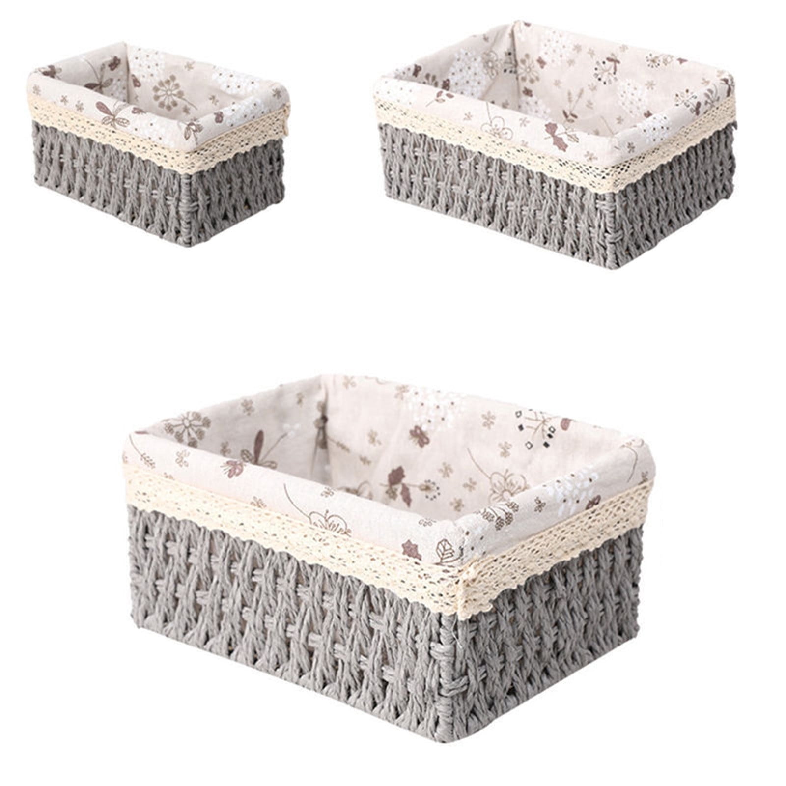 Storage Organizer Wicker Basket Set with Floral , Decorative Woven Baskets for Kitchen and Bathroom, Easter Decorations for Home, Basket for Gifts, Gray
