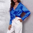 thumbnail image 5 of Womens Blouses Summer Solid Color Satin Lapel Long Sleeve Button Down Loose Smock Tops Activewear, 5 of 7