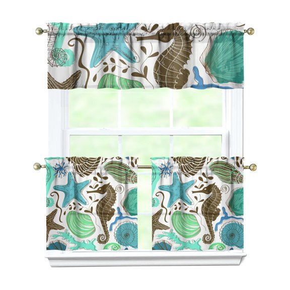Kitchen Curtains 24 Inch Short - 3 Panel Set, Nautical Starfish Beach Seashell Mermaid Theme, Rod Pocket Window Curtain for Tropical Farmhouse, Easy Wash