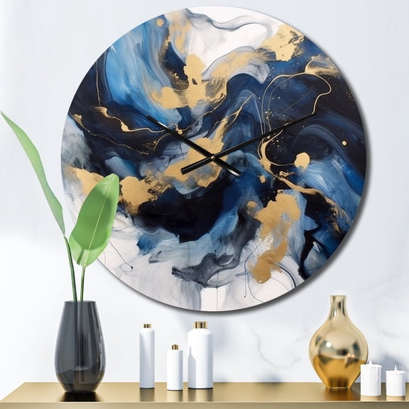 Designart "Strokes in Dark Blue and Gold XII" Fractals Oversized Wall Clock
