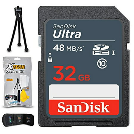Sandisk 32GB SD Card Class 10 High Speed Memory Card + Xtech Camera Starter Kit with Memory Card Wallet Keeper, Screen Protectors, HeroFiber Cloth +