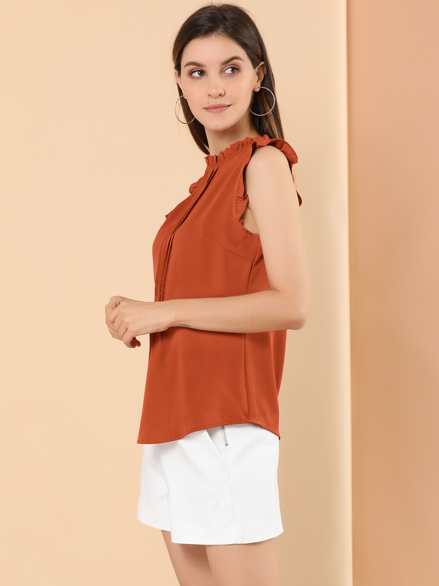 DARING DIVA Women's Ruffled Trim Pleated Plain Blouse Top 2XL Dark Orange