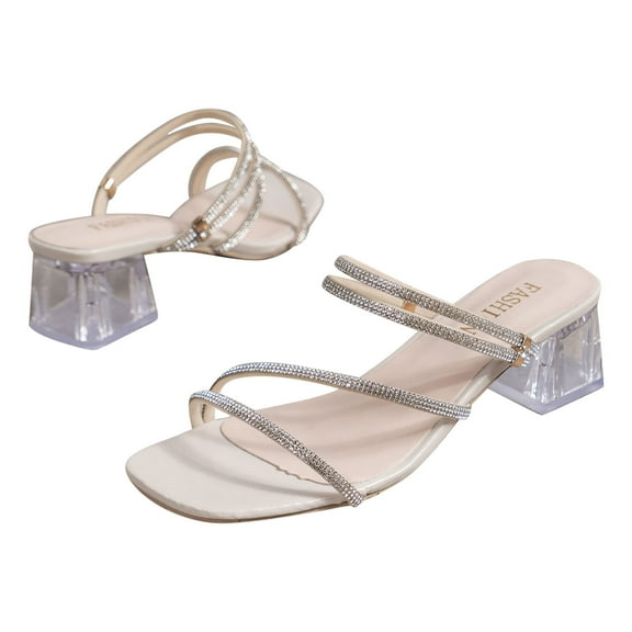TKYCMSUAKI Rhinestone Sandals for Women - Low Block Heels Sandals- Sparkly Wedding Chunky Heels Sandals - Slip on Heeled Sandal Mule- Heels for Party Wedding Dress Shoes