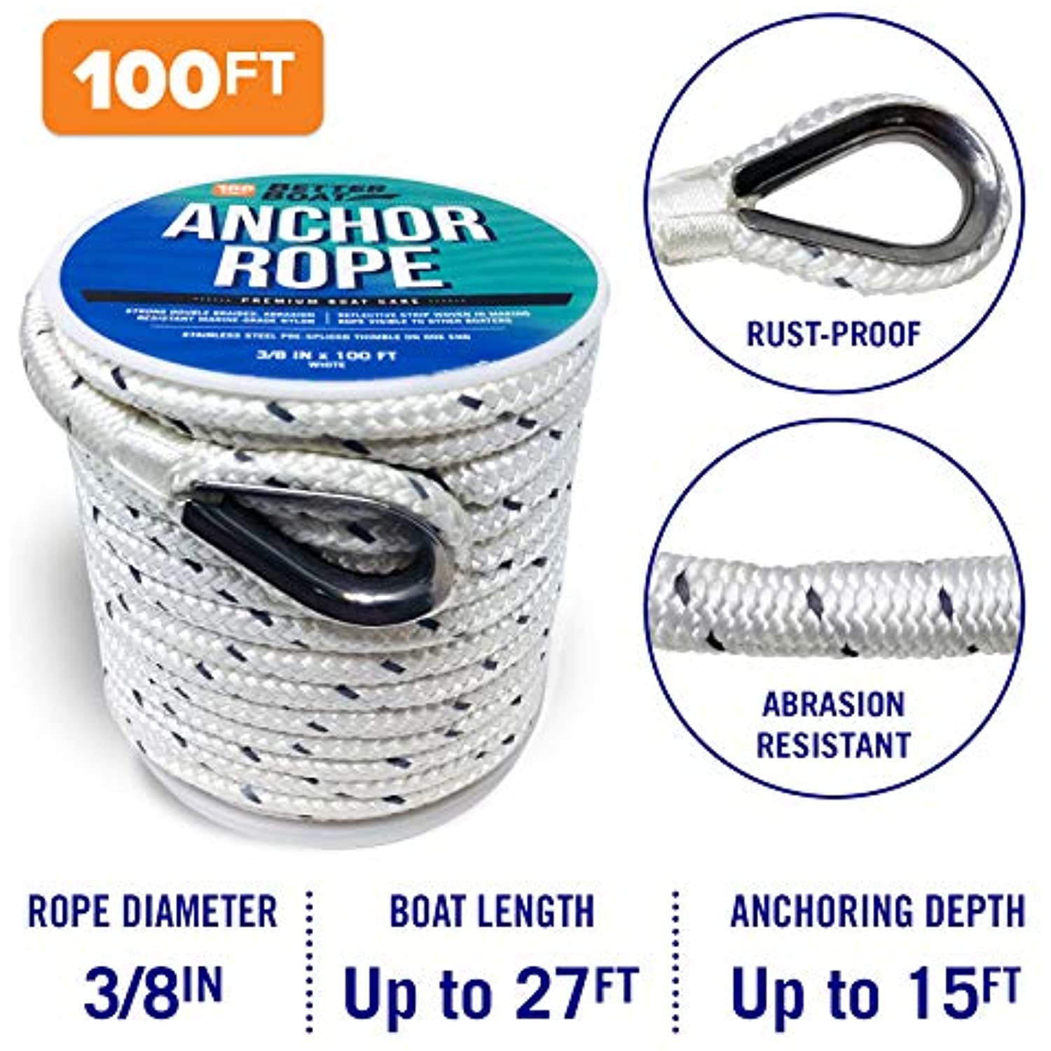 Premium Anchor Rope Double Braided Boat Anchor Line 100 ft White Marine  Grade 3/8 Rope 