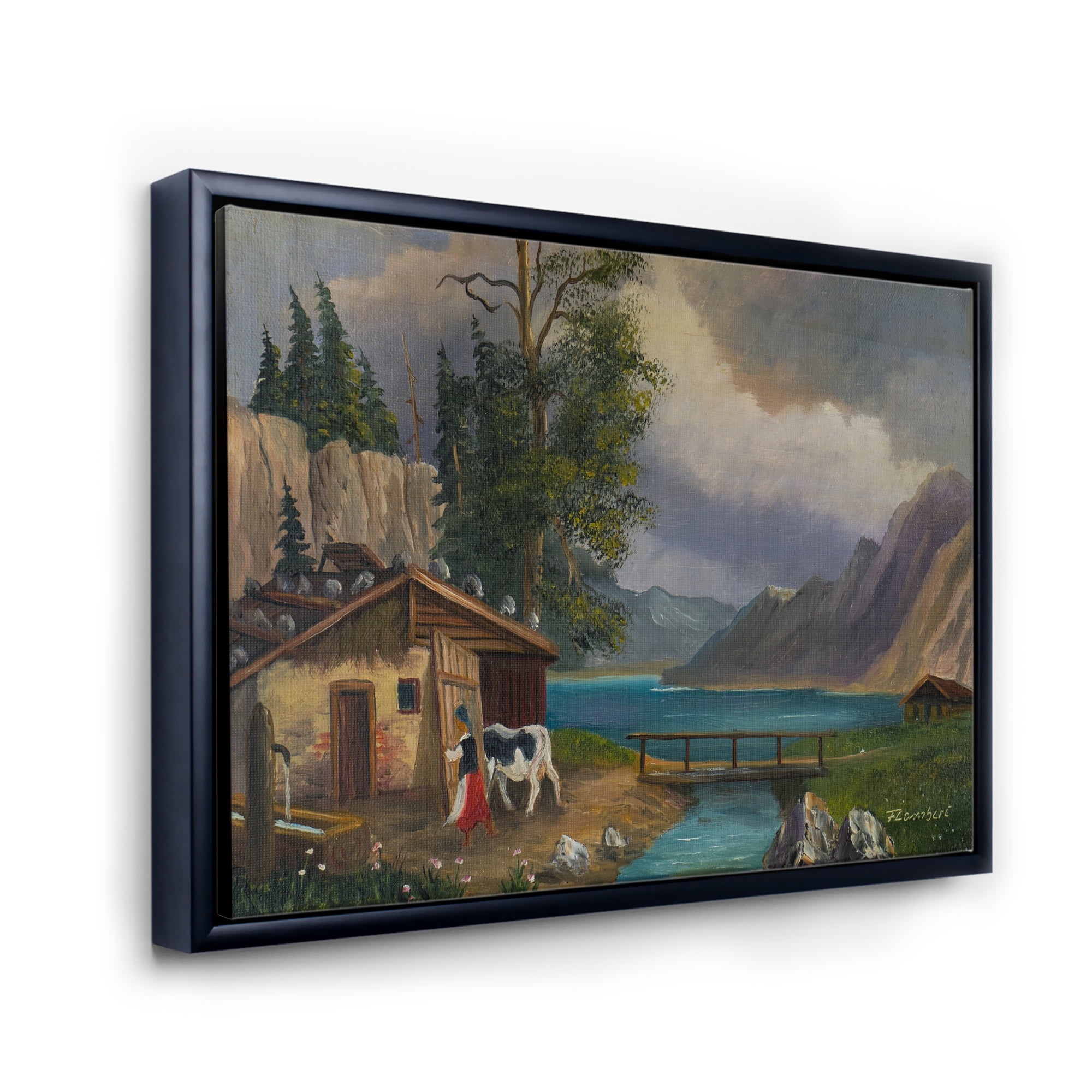 Girl Brings The Cow Into The Stable At A Lake 20 in x 12 in Framed Painting Canvas Art Print, by Designart