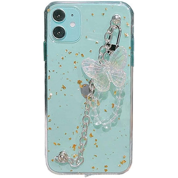 Girl Women Beautiful Gold Foil Goldleaf Transparent TPU Phone Case Metal Bracelet Chain Butterfly Lanyard, for iPhone 13 Mini, Full Protection (Scratch-resistant &Shockproof) -Gold