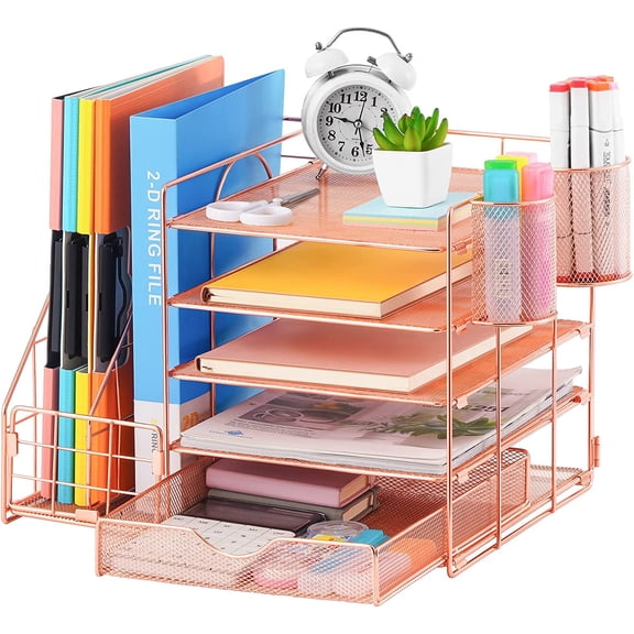 Rose Gold Desk Organizer with File Holder, 5-Tier Paper Letter Tray Organizer and Drawer, Mesh Desktop Storage with Magazine Holder for Office Supplies