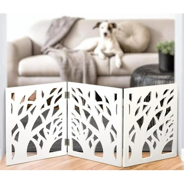 White Floral Wood Pet Dog Gate Foldable Adjustable 3-Section Freestanding Extra Wide. Keeps Pets Safe Indoors/Outdoors - Fully Assembled