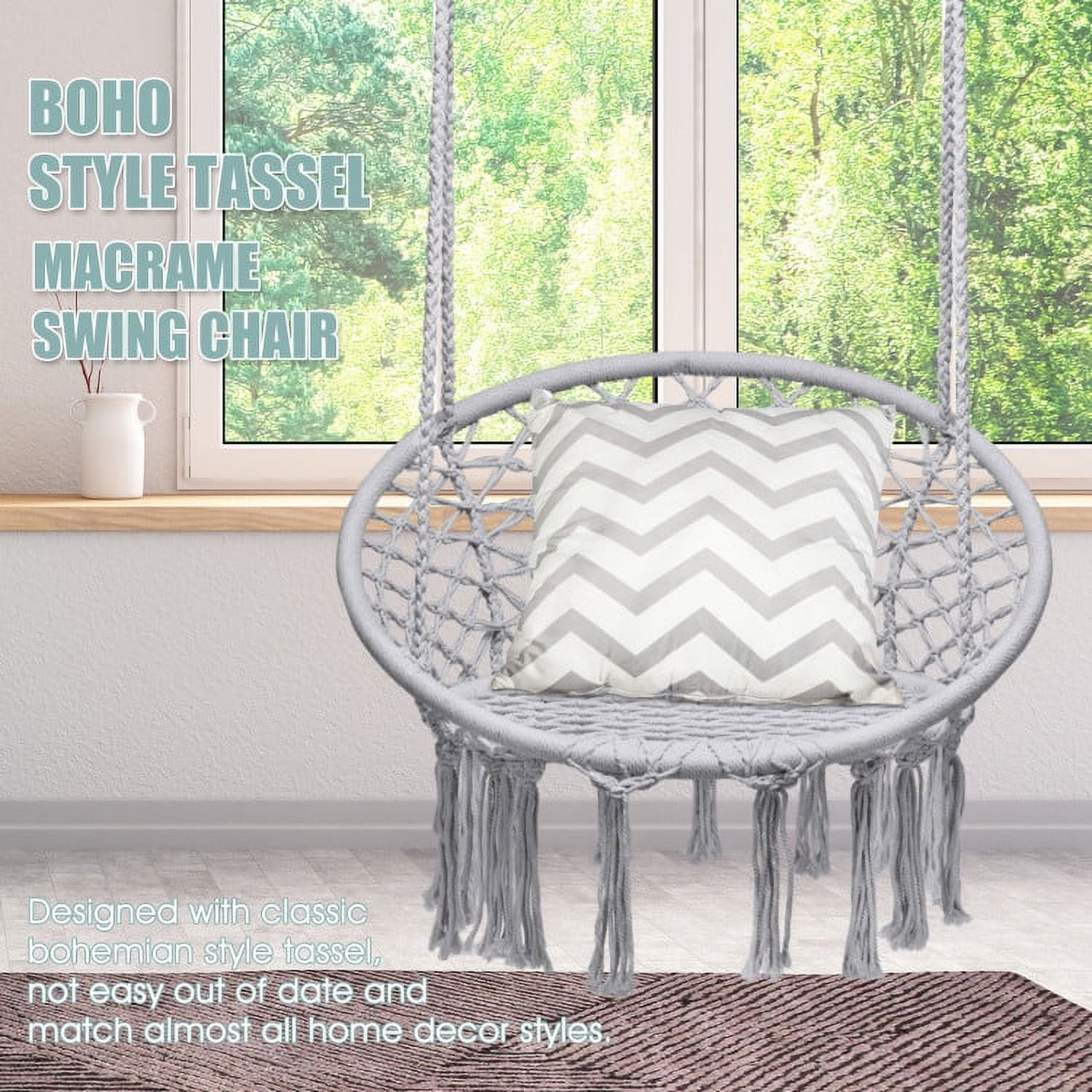 Aimee Lii Hanging Macrame Hammock Chair with Handwoven Cotton Backrest, Outdoor Deck Furniture, White
