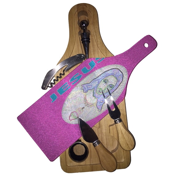 KuzmarK Wine & Cheese Glass Cutting Board Wood Box Gift Set - Electric Jesus Pink
