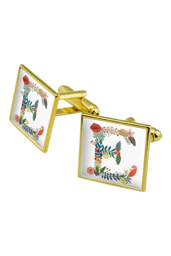 Letter E Floral Monogram Initial Square Cufflink Set - Silver or Gold