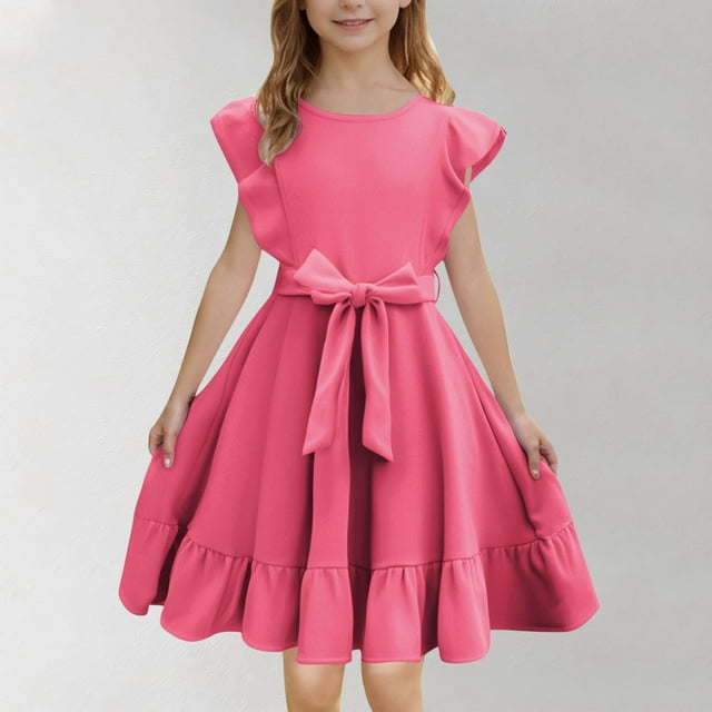 QTBIUQ Robe Ample à Col Rond et Manches Volantées pour Fille, Couleur Unie, avec Nœud, Jupe Courte Plissée et Taille Cintrée, Ensemble Estival Polyvalent pour le Quotidien, les Fêtes, les Jeux, Style Mode Mignon (Rose Vif, 12 Ans)