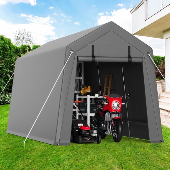 7x10 ft Outdoor Portable Storage Shelter Shed, 2 Rolled Up Zipper Doors & Vents, Waterproof & UV Resistant Carport for Motorcycle, Portable Garage Kit Tent – Gray