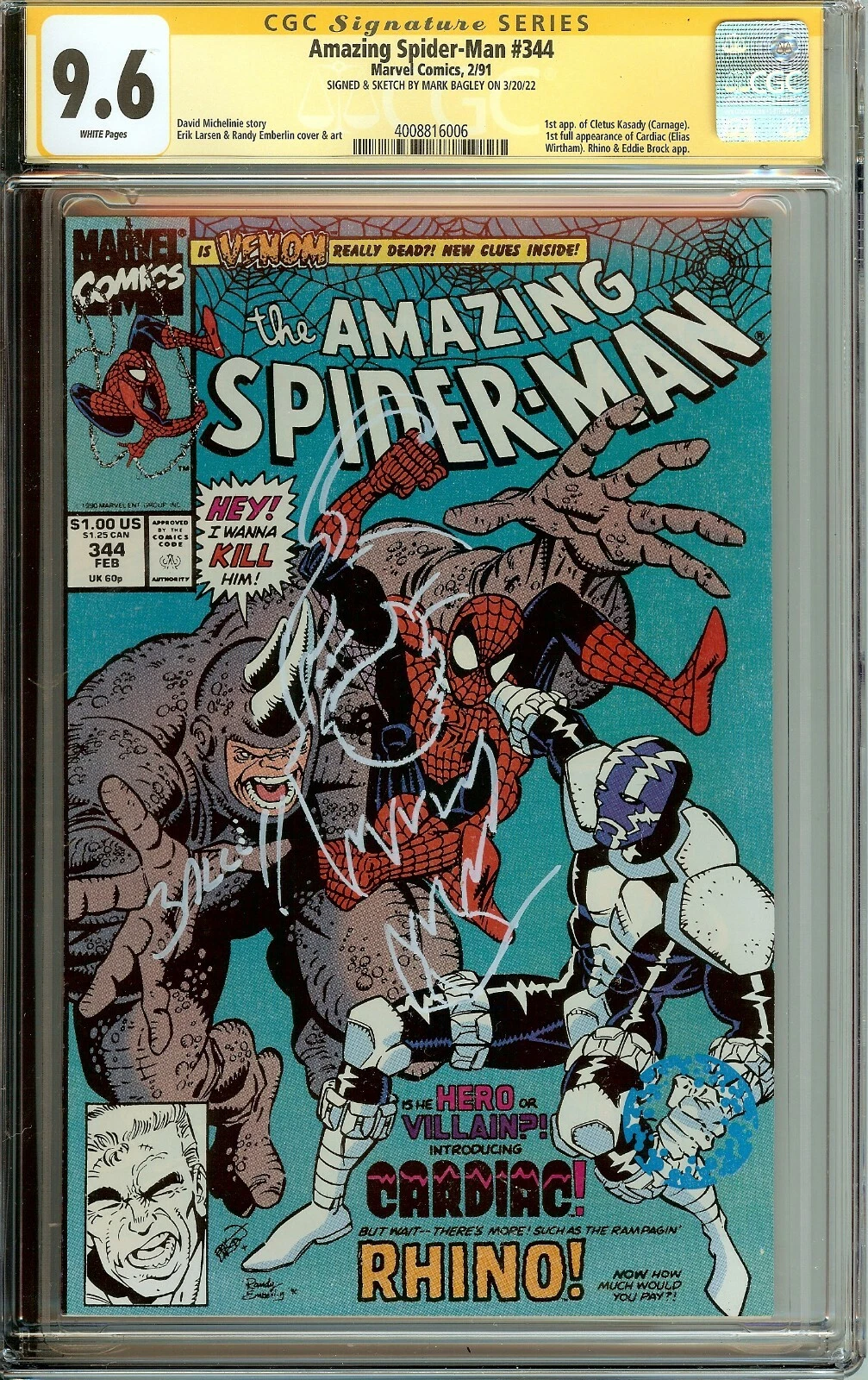 Amazing Spider-Man #344 (Marvel Comics, 1991) – CGC Signature Series 9.6 – Signed & Remarked by Mark Bagle