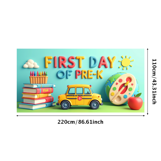 Colorful School Themed Backdrop Banner with Alarm Clock Books Apple Globe and School Bus for First Day of Pre K Celebrations Party Decorations Photography Props Classroom Decor Background