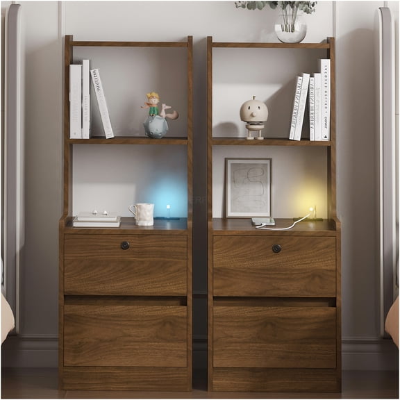 JERFIT Modern Nightstand Set of 2 with Wireless Charging, Voice Control LED Light, Lockable Cabinet & Bookshelf, Bedside Tables for Bedroom