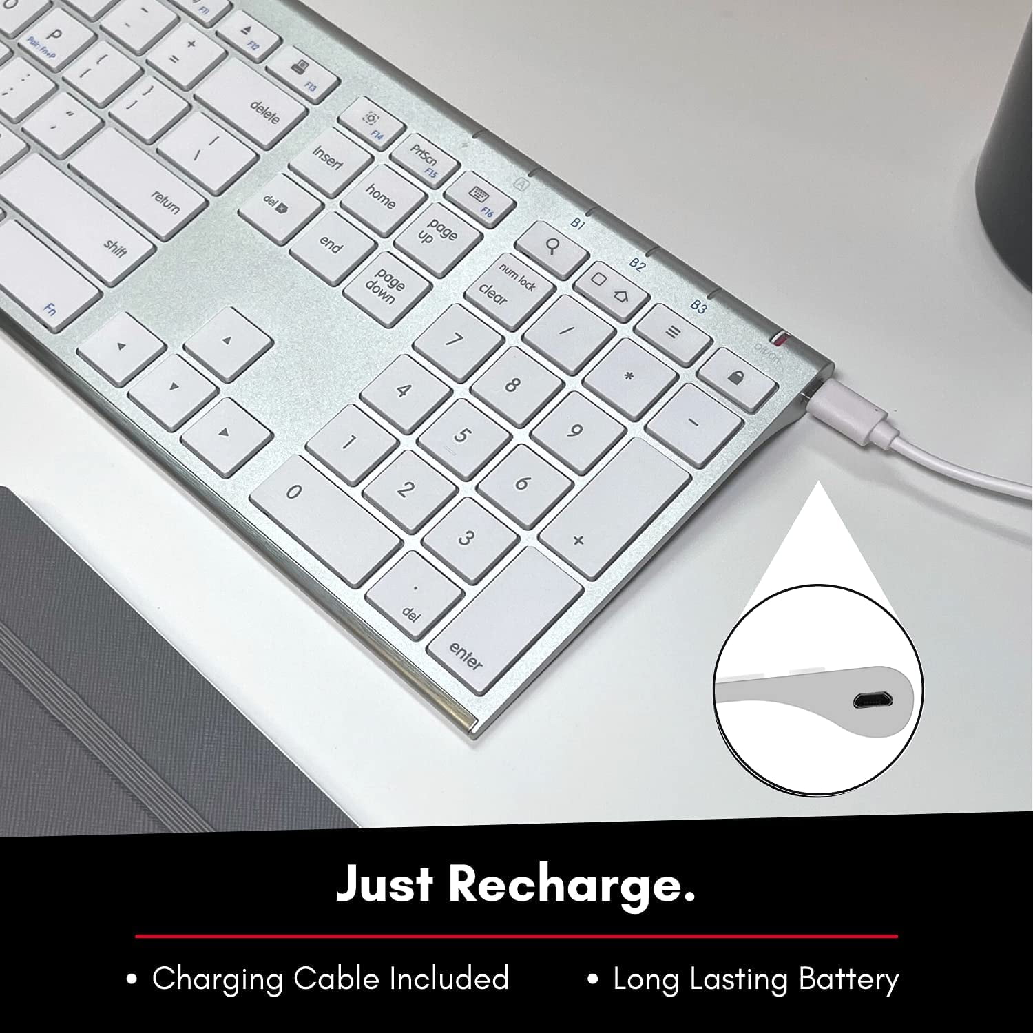 Macally Bluetooth Multi Device Keyboard for Apple, Windows, Android Computer and Tablet - Wireless, Numeric Keypad, Aluminum Silver