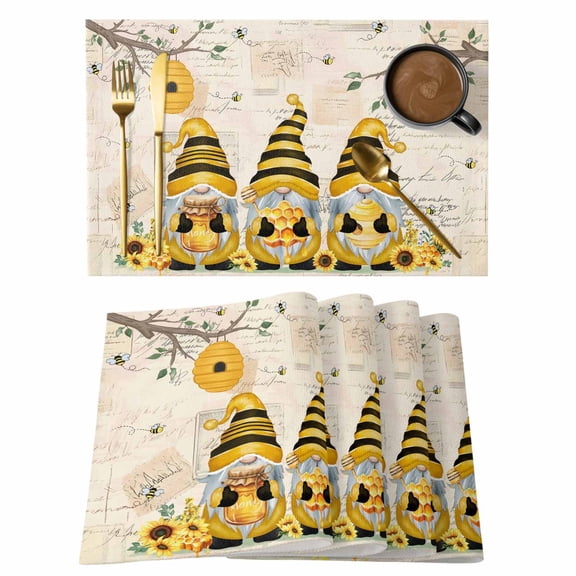 Yellow Bees Gnomes Placemats Set of 4, Spring Floral Branches Pastoral Placemats for Dining Table, Place Mats for Kitchen Tabletop, Waterproof Wipeable Dining Table Mats Set