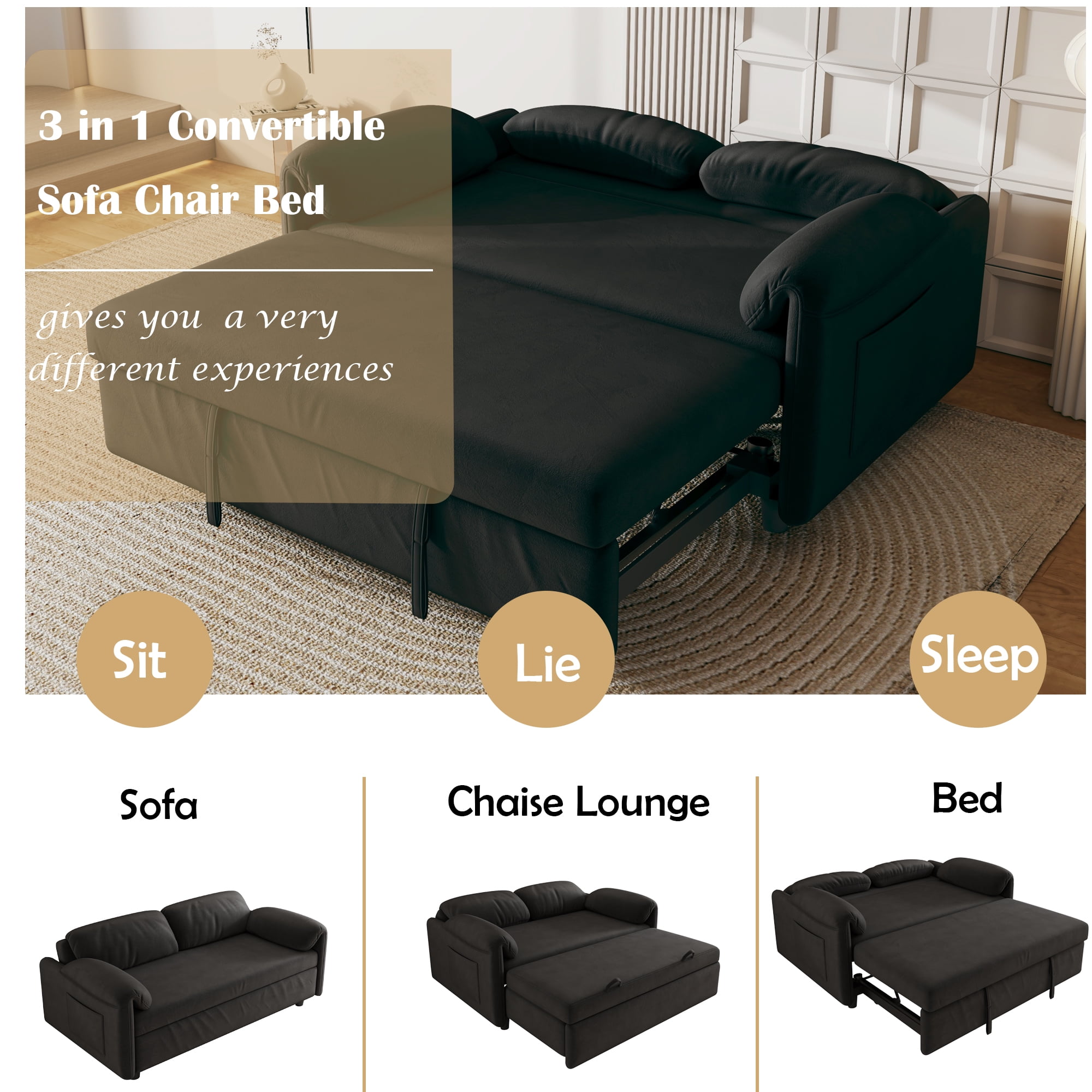 54" Velvet Futon Sofa Bed Convertible Sleeper Sofa Bed Pull Out Sofa Bed With Adjustable Backrest for Living Room,Office,Black