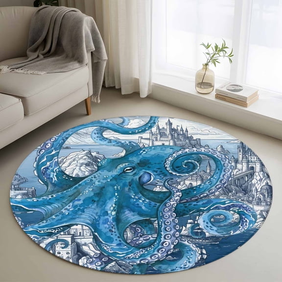 Round Area Rugs Collection 4 Ft, Ocean Blue Octopus Non-Slip Residential Carpet, Nautical Castle Coastal Lighthouse Indoor Crawling Mats Runner Rugs for Living Room/Dining Room/Bedroom