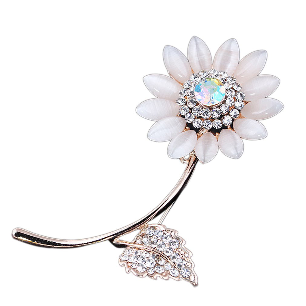 Women Opal Stone Flower Brooch Pin Rhinestone Plated Exquisite Garment Jewelry 