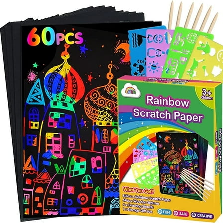 ZMLM 60Pcs Rainbow Scratch Paper Art for Kids, Magic Cards Drawing Supplies Kit,5 Wooden Stylus,Arts and Crafts for Kids Toys for 3 4 5 6 7 8 9 10 Years Old Boys Girls