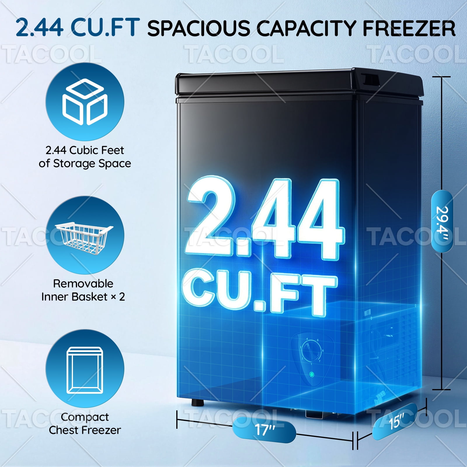 2.44 CU FT Mini Chest Freezer with 2 Removable Baskets Small Deep Freezer with 7 Adjustable Temperature For Office, Black