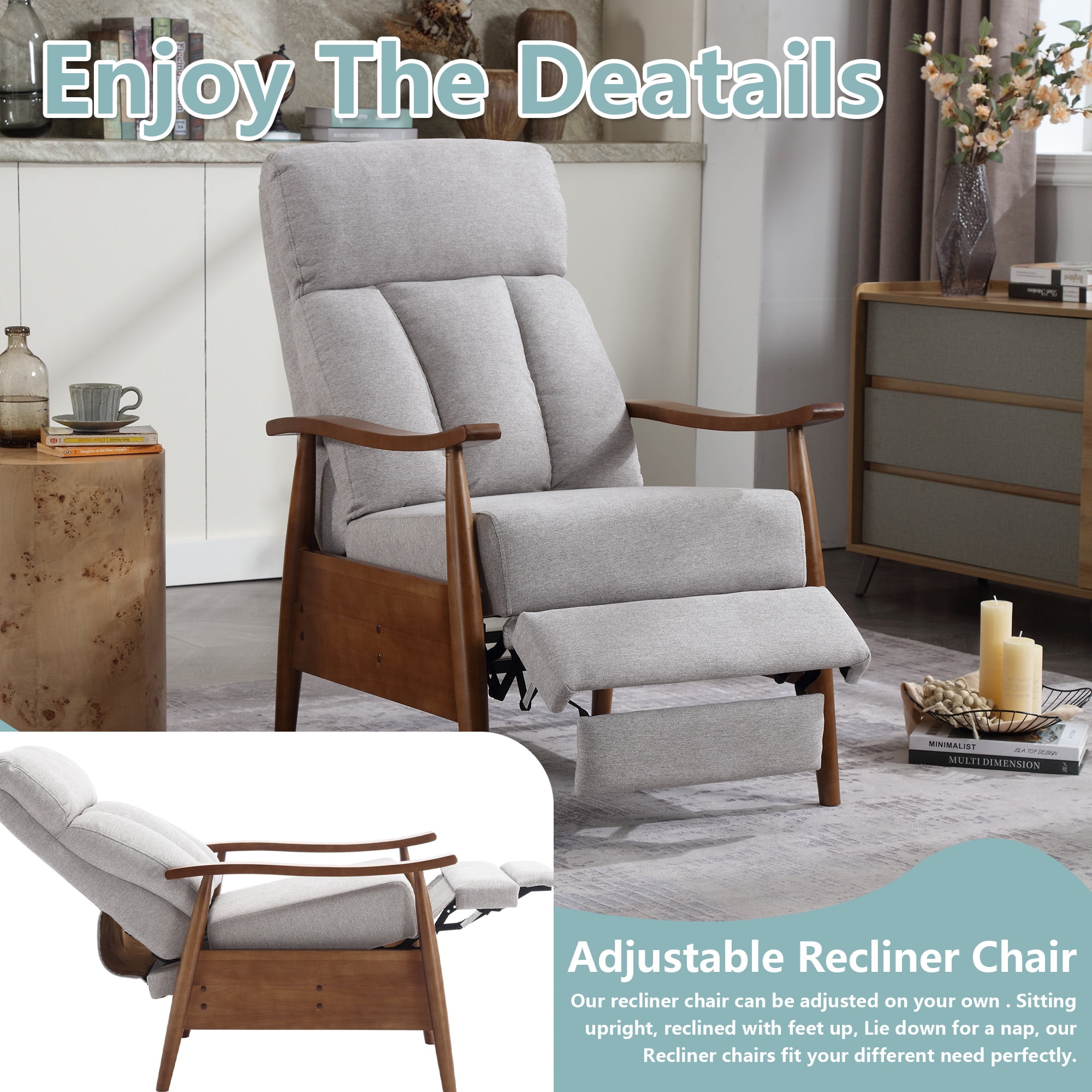 MOONMISS Linen Upholstered Wood Frame Adjustable Recliner Lounge Armchair for Living Room-Light Gray