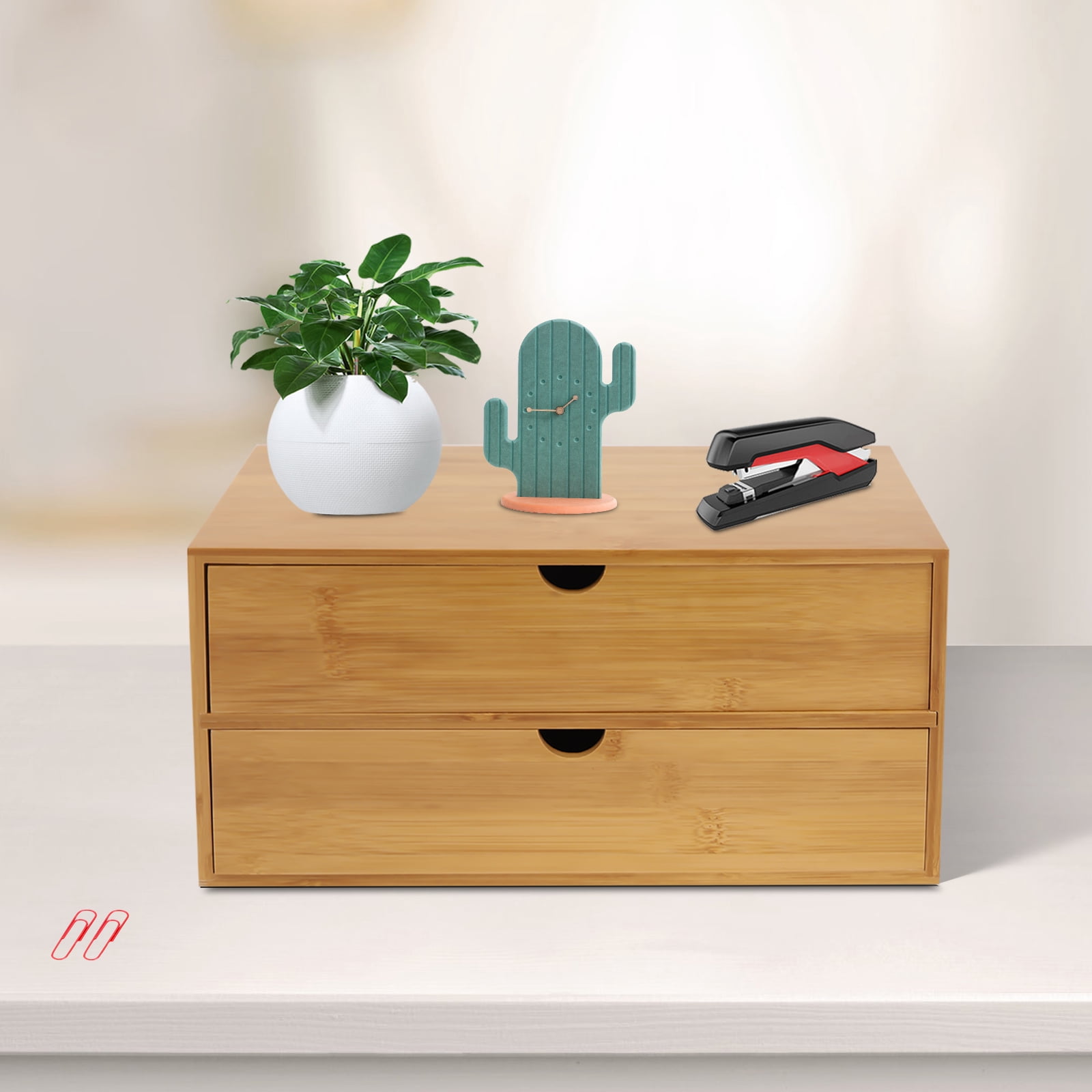Wildnix Large Capacity Desk Organizer, 2 Drawers, Varnish Coated for Office Supplies and Cosmetics, Durable Nan Bamboo Design, Minimalistic