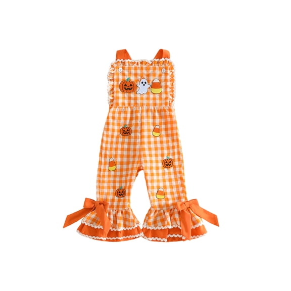 BemeyourBBs Toddler Baby Girls Halloween Outfit Baby Girl Summer Fall Clothes Plaid Gingham Romper Overalls Pumpkin Ghost Embroidery Sleeveless Ruffle Bow Flare Pants Bell Bottom Jumpsuit