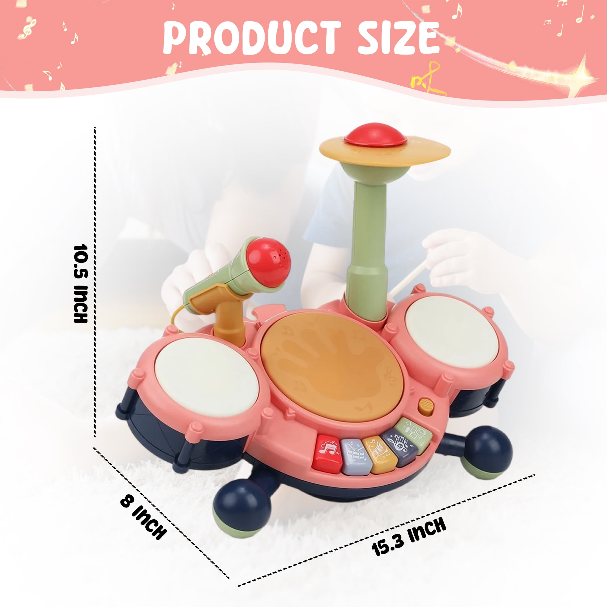 JUGAAD LIFE Drum Set for Toddler Kids, Baby Drum Set Toys Gift for 1 2 3 Year Old, Musical Instruments Learning Toys with 2 Drumsticks and Microphone (Pink)