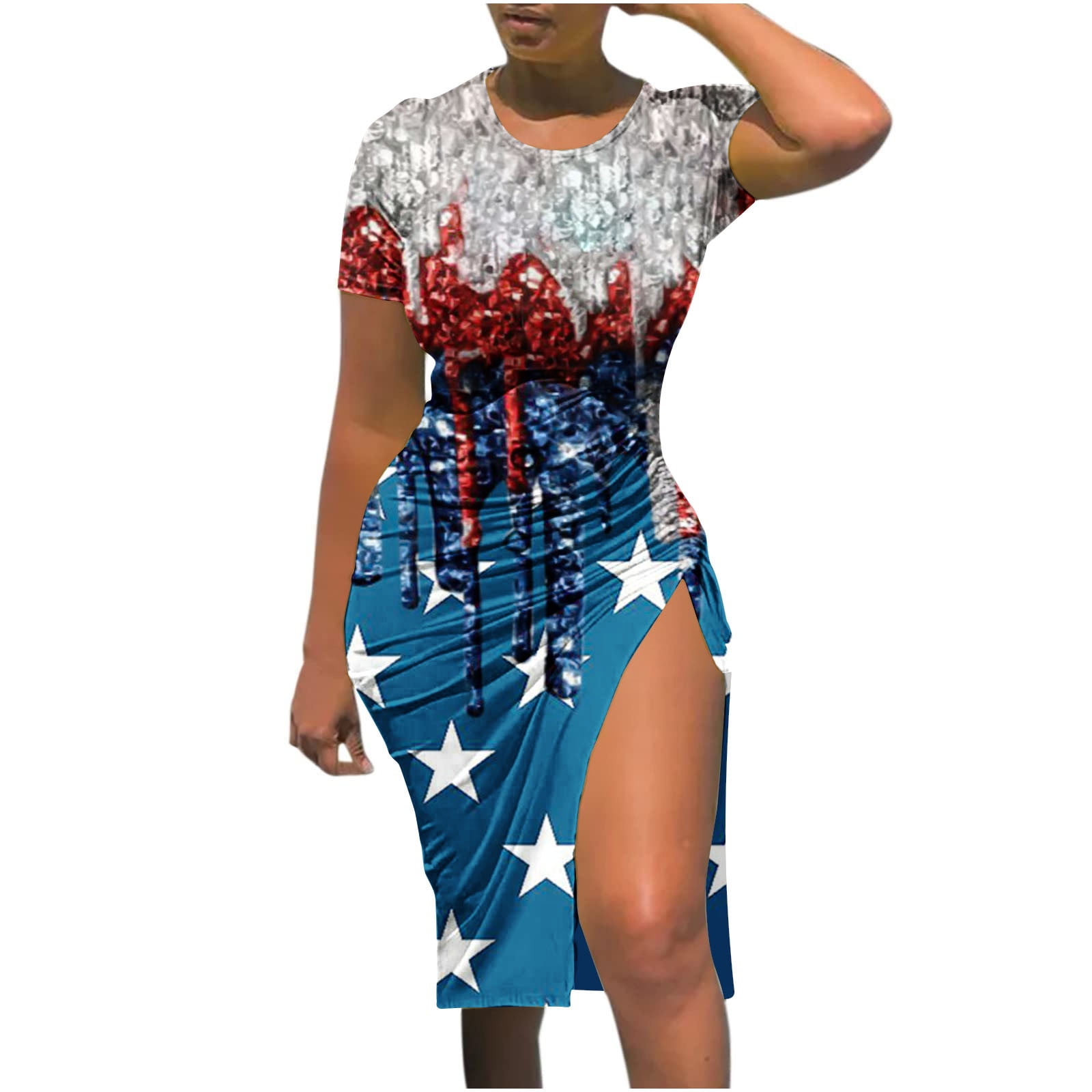 Plus Size American Flag Dresses Women 4th of July T-Shirts Stars Stripe ...