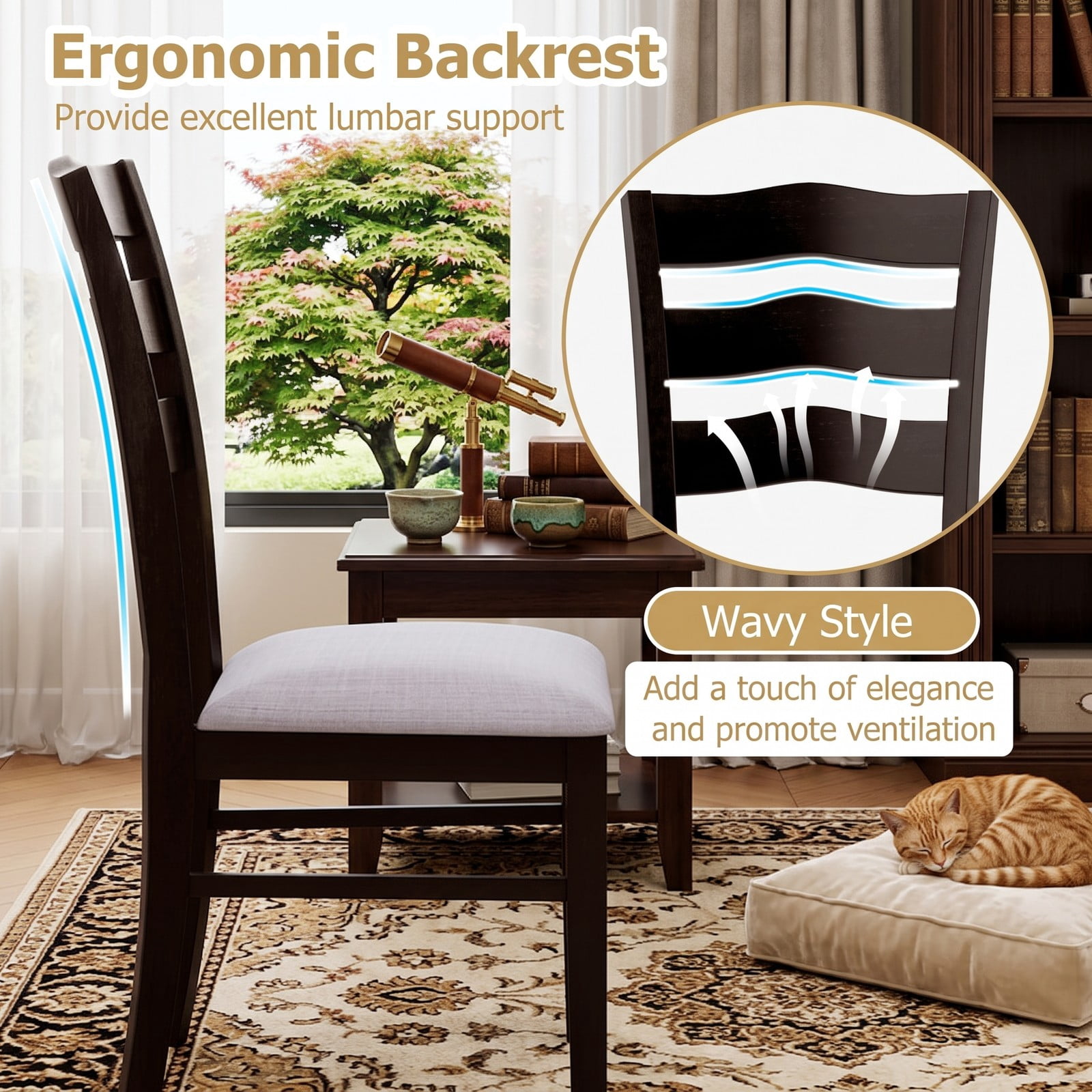 Furnibear Farmhouse Dining Chairs Set of 2, Upholstered Velvet Kitchen Chairs with Elegant Hollowed Wave Backrest, Rubber Wood Legs, Ergonomic Side Chairs for, Gray