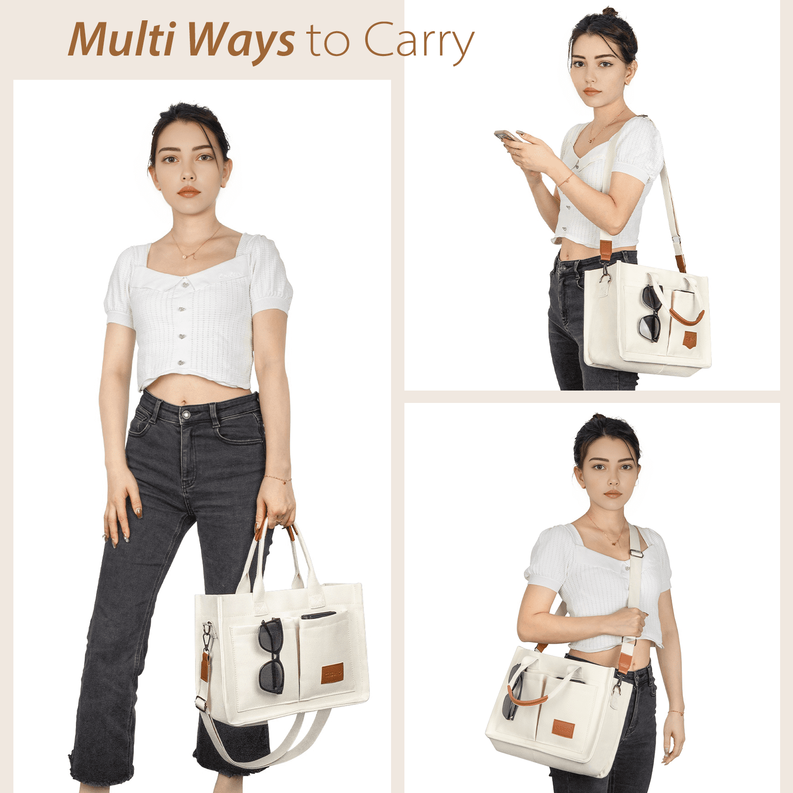 Canvas Tote Bag with Multi-Pocket for Women, Large Crossbody Shoulder Handbag Everything Tote Bag with Compartments, Laptop Work Bags Shoulder Travel Messenger Gym Totes, White