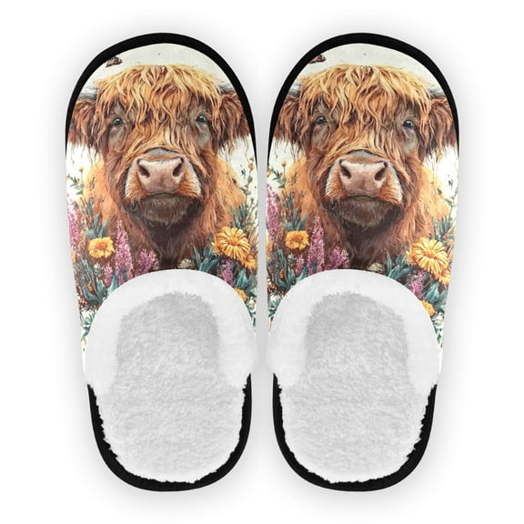 Iauyy Women's Men's Slippers, Non-Slip Travel Unisex Cotton Flannel House Shoes or Spa Slippers ,Highland Cattle