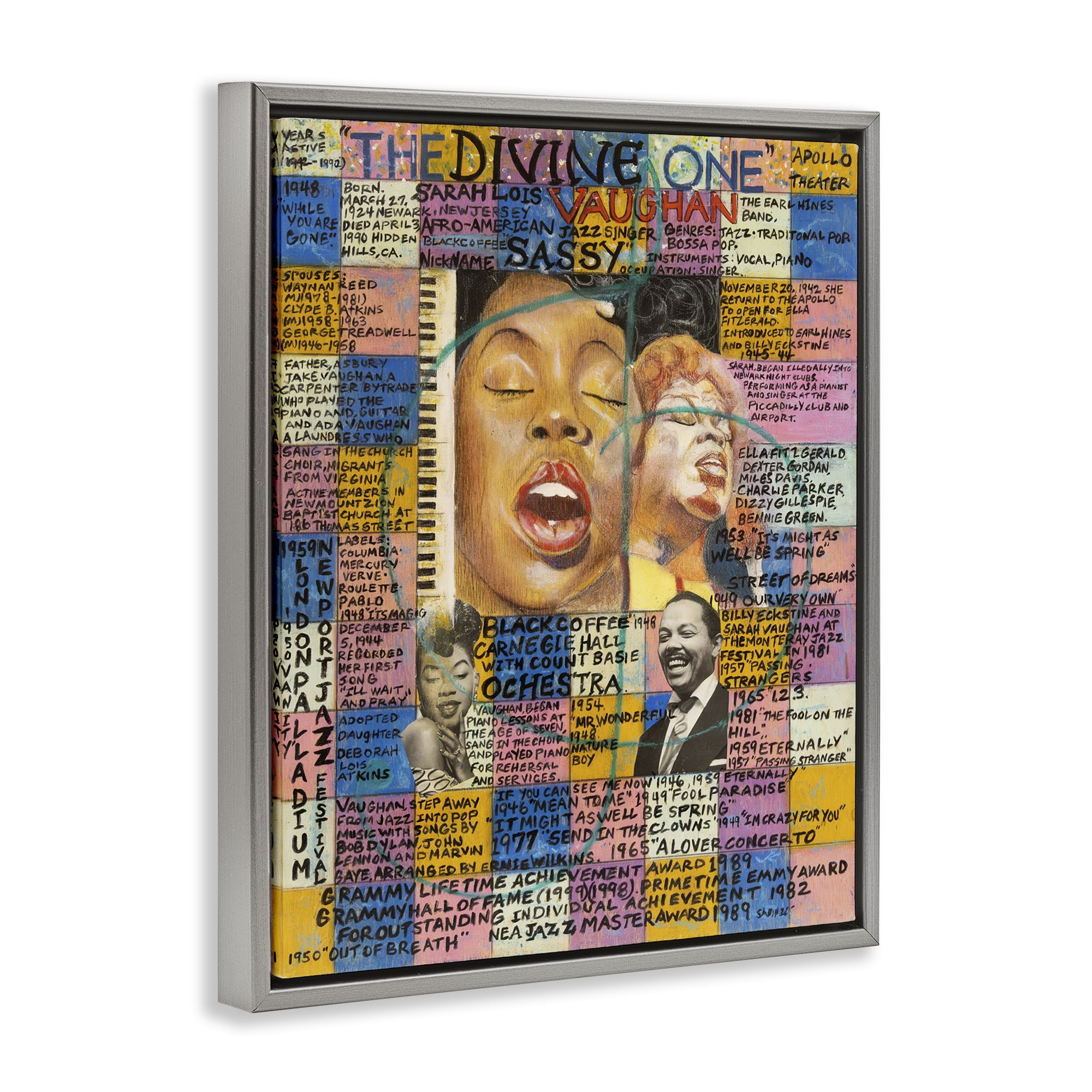 Stupell Industries Sarah Lois Vaughan Collage People Drawing Gray Floater Framed Canvas Art Print Wall Art, 17 x 21