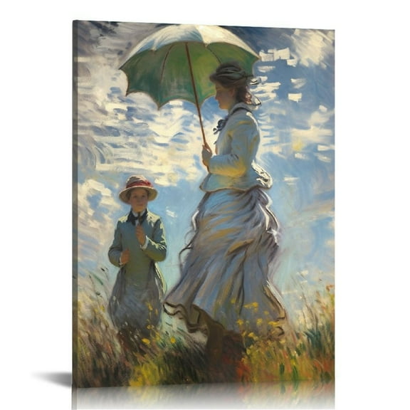 JEUXUS Canvas Print Wall Art Woman with a Parasol Claude Monet Classical Illustrations Fine Art Decorative Vintage Watercolors Pastel Multicolor Zen for Living Room, Bedroom, Office