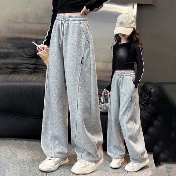 FAIOROI Girl's Sweatpants for Girls Kids, Gray, Size 6 T, Winter Warm, Straight Casual, Loose Long, Girls' Drawstring, Leg Straight, Athletic Leggings, Solid Color