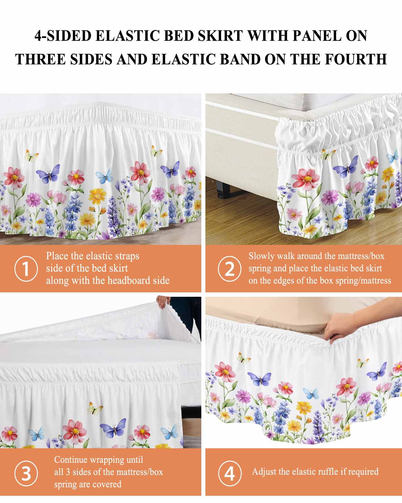 Purple Blue Pink Flower Bed Skirt Wildflower Butterfly Plant Bed Skirts Queen Size 16 Inch Drop, Wrap Around Dust Ruffle&nbsp;Bedskirt with Adjustable Elastic Belt for Queen Size Beds