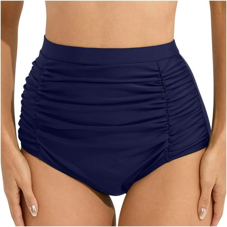 Women s High Waist Ruched Swim Bottoms Comfy Quick-dry Bikini Bottoms Beach Swimsuits Underpants Panty Shorts (Small  Navy)