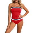 thumbnail image 2 of POUNOO Tankinis pour Femmes Coupe Ajustée Sans Bretelles à Blocs de Couleur à Rayures Détail Froncé Taille Haute Maillots de Bain Style Plage Vacances Cadeau, 2 of 5