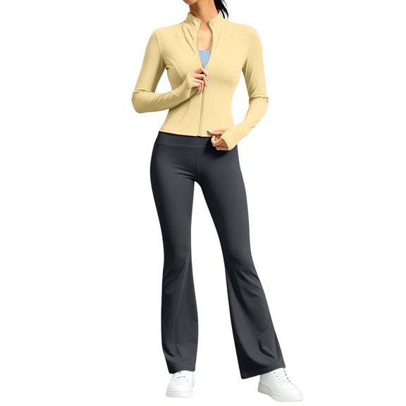 vdgthytj Workout Sets for Women 2 Piece Full Zip Stand Collar Cropped Jacket High Waist Flare Pants Gym Yoga Outfits(X-Large,Yellow)