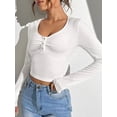 thumbnail image 5 of KelaJuan Women Crop Ribbed Knit Tops Solid Color 1/2 Button Long Sleeve Shirt Casual Pullovers for Club Streetwear, 5 of 6