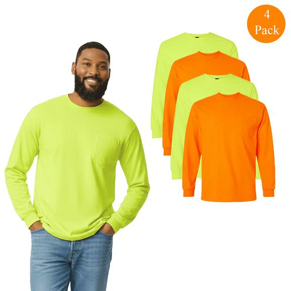 Gildan Ultra Cotton Long Sleeve Pocket T-Shirt, Men's Hi-Vis Safety Green and Orange Tee 4-Pack, 3XL