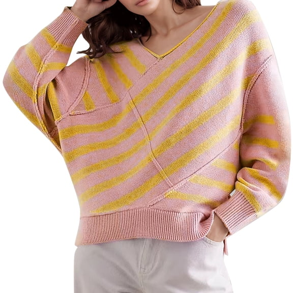 RMGVDSD Women's Long Sleeve Striped Color Block Knitted Sweater V Neck Oversized Pullover Tops Loose Knit Pullover Sweater /Red