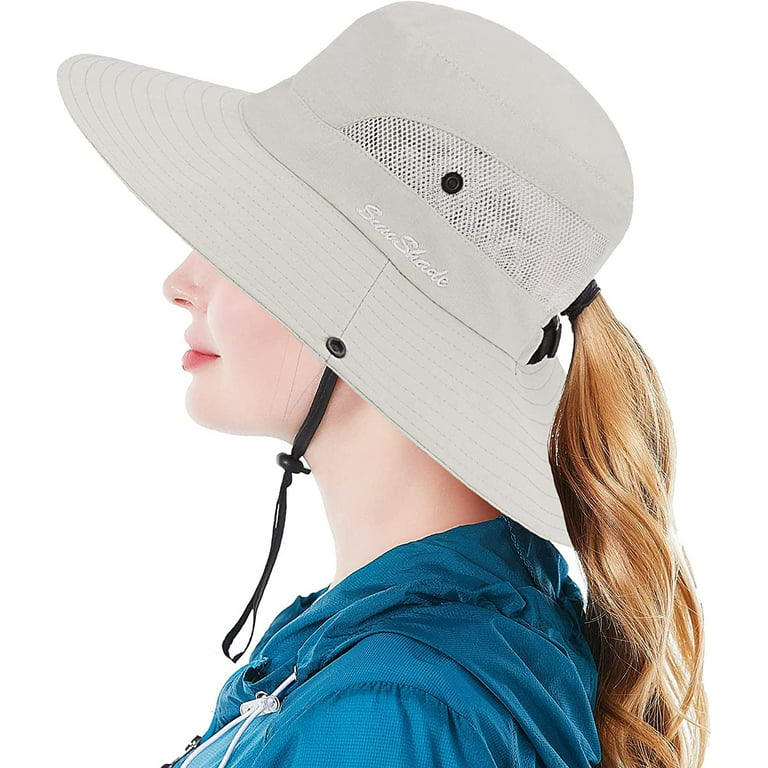 Womens Summer Sun-Hat Outdoor UV Protection Fishing Hat Wide Brim  Foldable-Beach-Bucket-Hat with Ponytail-Hole
