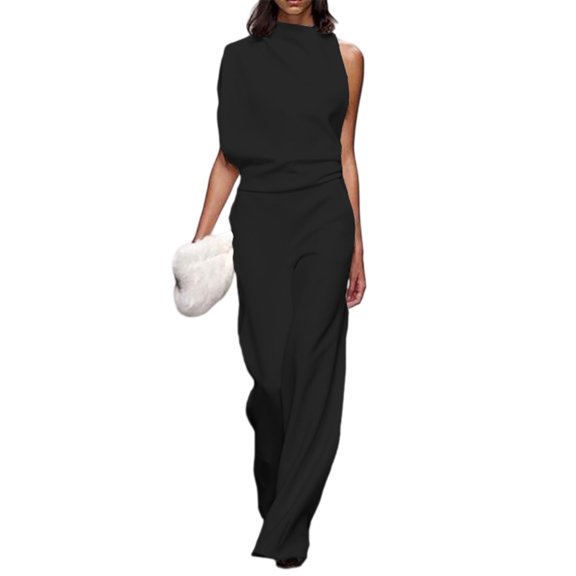 Quixlent One Piece Jumpsuits for Women Casual Sleeveless Mock Neck Wide Leg Rompers Summer Ruched Vacation Outfits with Pockets