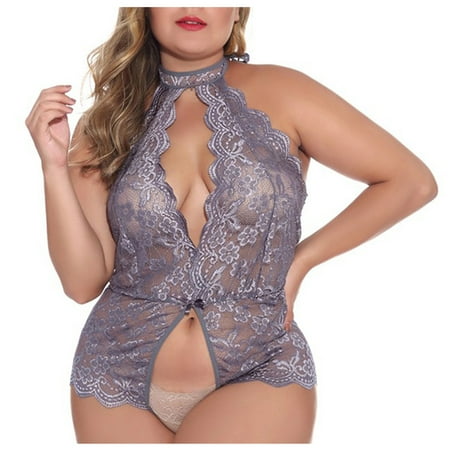 

BIZIZA Womens Halter Teddy Bodysuit Sexy Lingerie Lace Babydoll One Piece Gray XXXXL