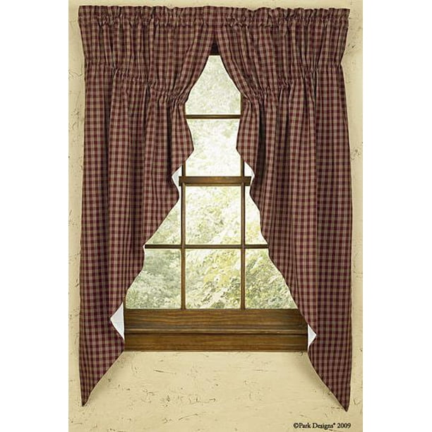Plaid Gathered Swag Prairie Curtain Set 36" or 63" Long Wine Black Navy