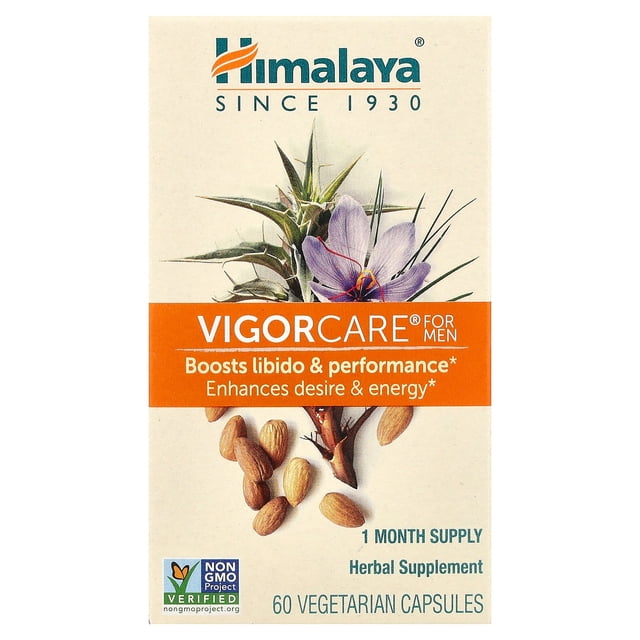 suplemento himalaya vigorcare® para hombres 60 cápsulas vegetarianas caja frontal con logotipo Himalaya en la parte superior, banda naranja con VIGORCARE y subtítulos en inglés sobre libido y performance, ilustración botánica de flores y semillas, sello Non GMO y texto que indica 60 cápsulas vegetarianas y suministro de 1 mes.